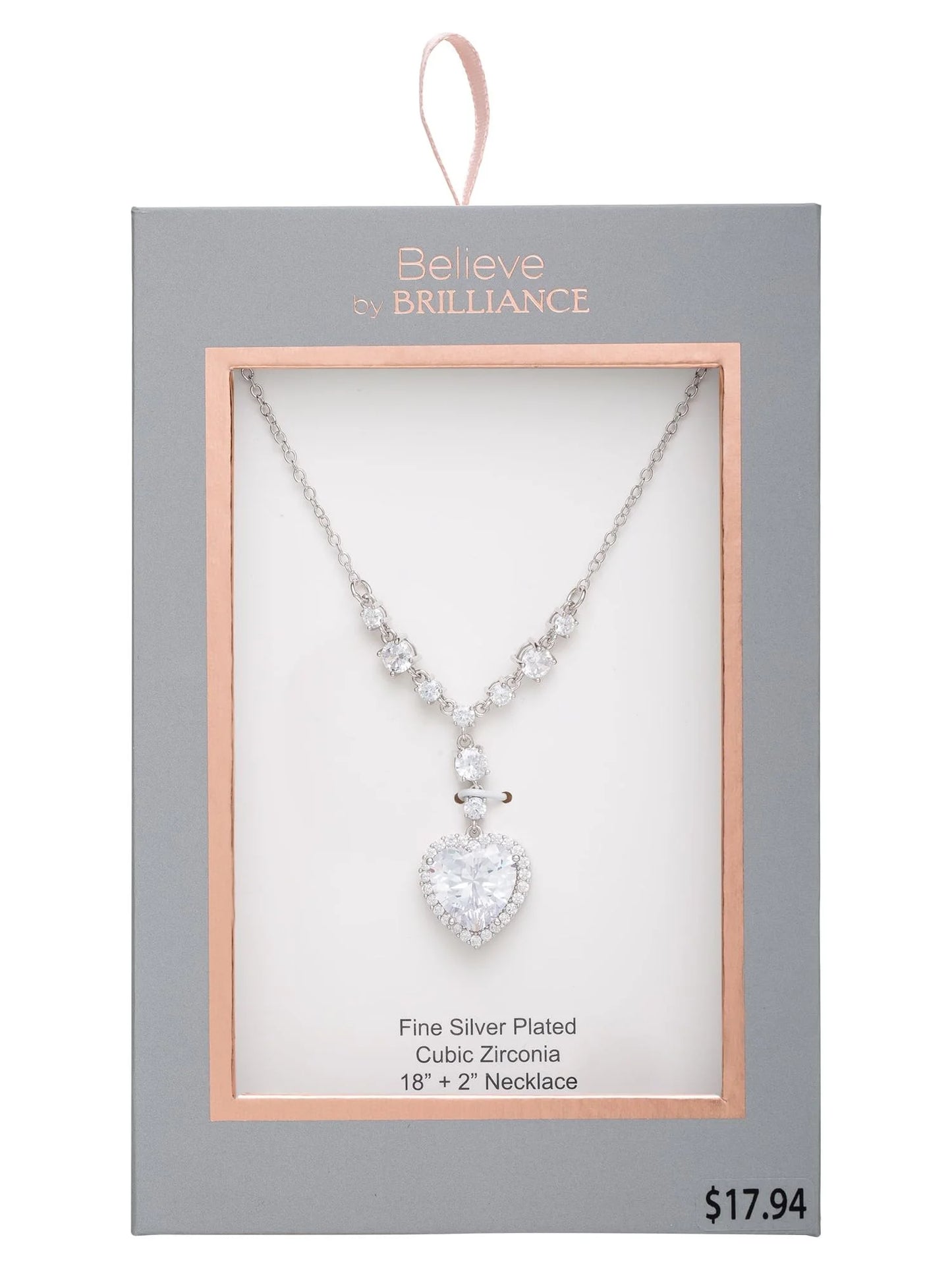 - Women'S Silver Plated Cubic Zirconia Heart Pendant Necklace, 18"