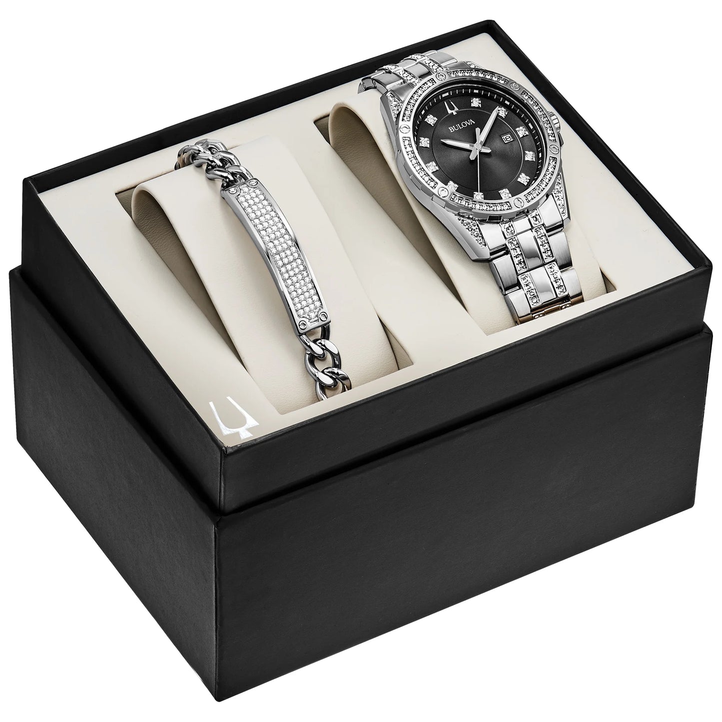 96K105 Men'S Crystal Black Dial Bracelet Watch Gift Set