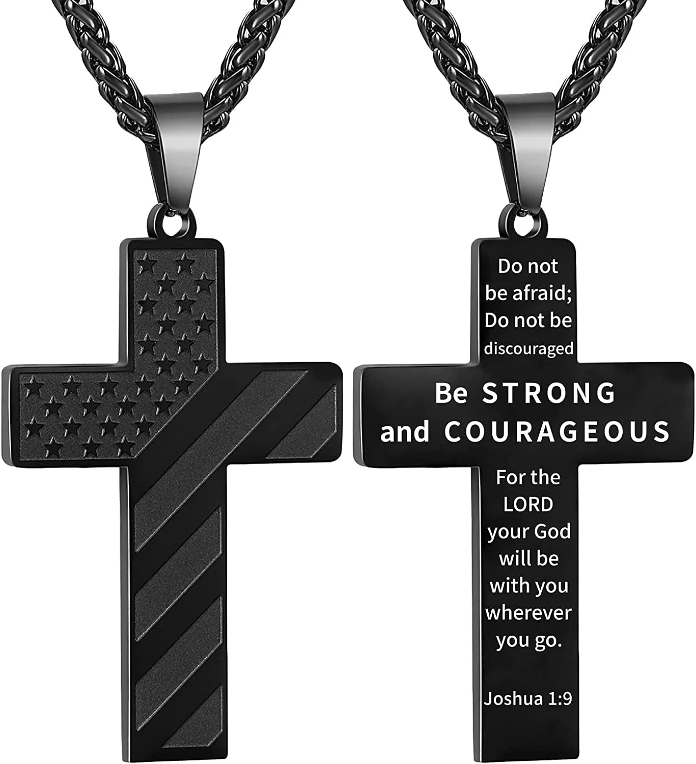 Black Cross Necklace for Men Boys Boyfriend Kid Son Husband Father Bible Verse Joshua 1:9 Stainless Steel USA American Flag Pendant Chain for Boys Men Religious Jewelry Gift for Men Boyfriend