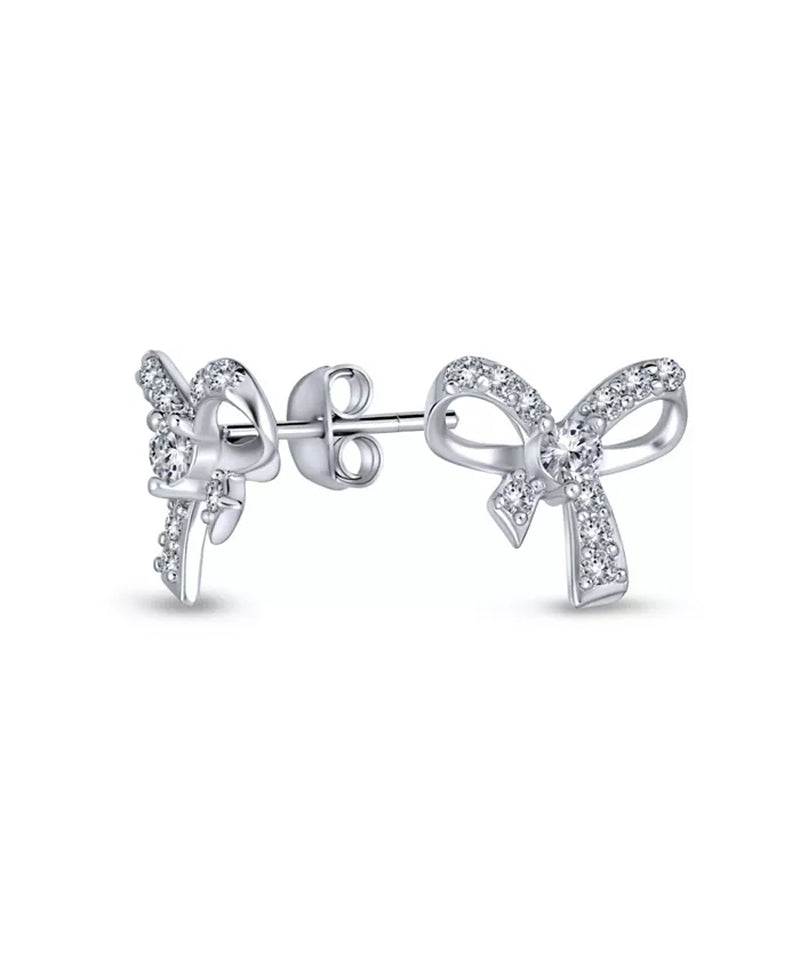 Delicate Dainty Ribbon Birthday Present Pave CZ Small Bow Stud Earrings for Women Teens .925 Sterling Silver