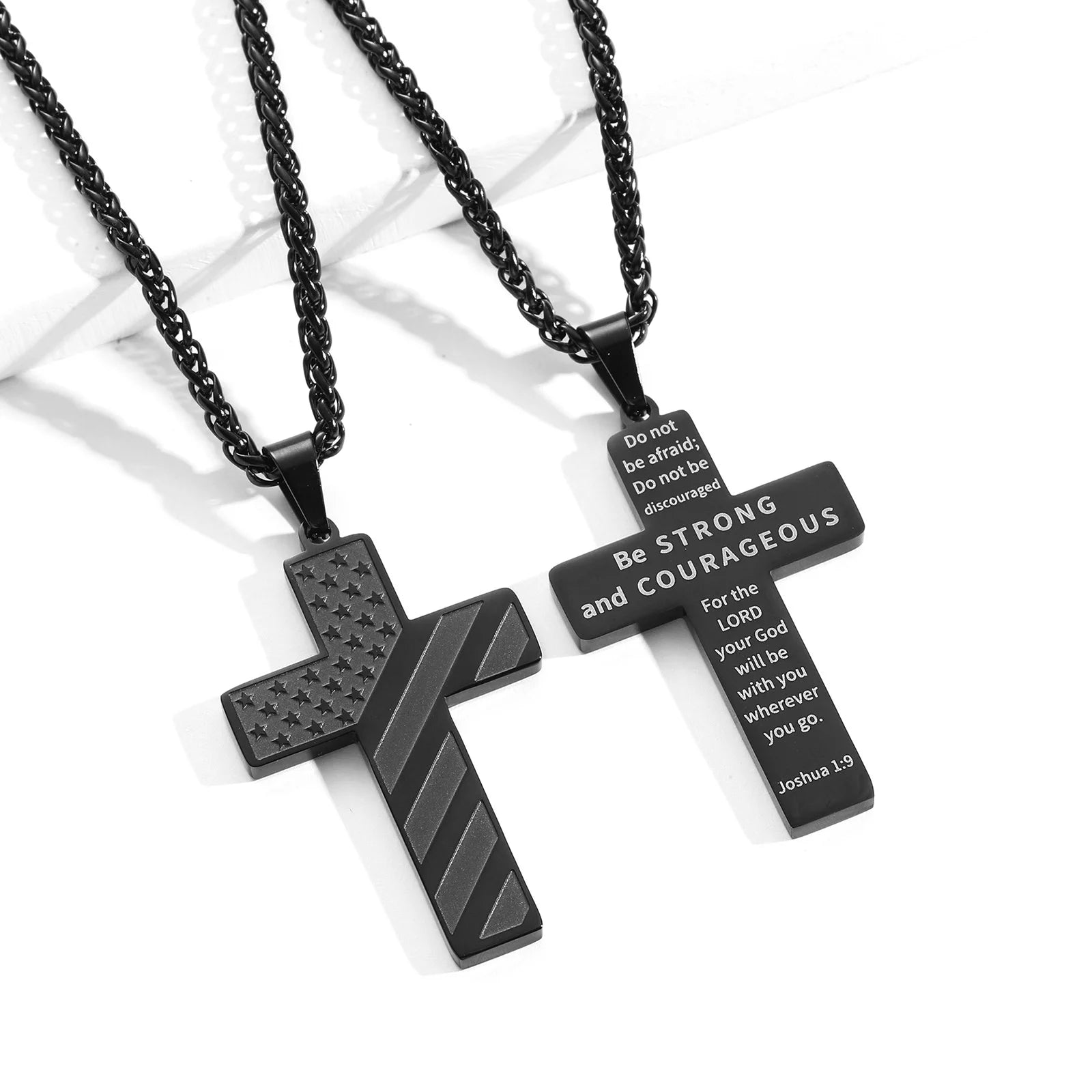 Black Cross Necklace for Men Boys Boyfriend Kid Son Husband Father Bible Verse Joshua 1:9 Stainless Steel USA American Flag Pendant Chain for Boys Men Religious Jewelry Gift for Men Boyfriend