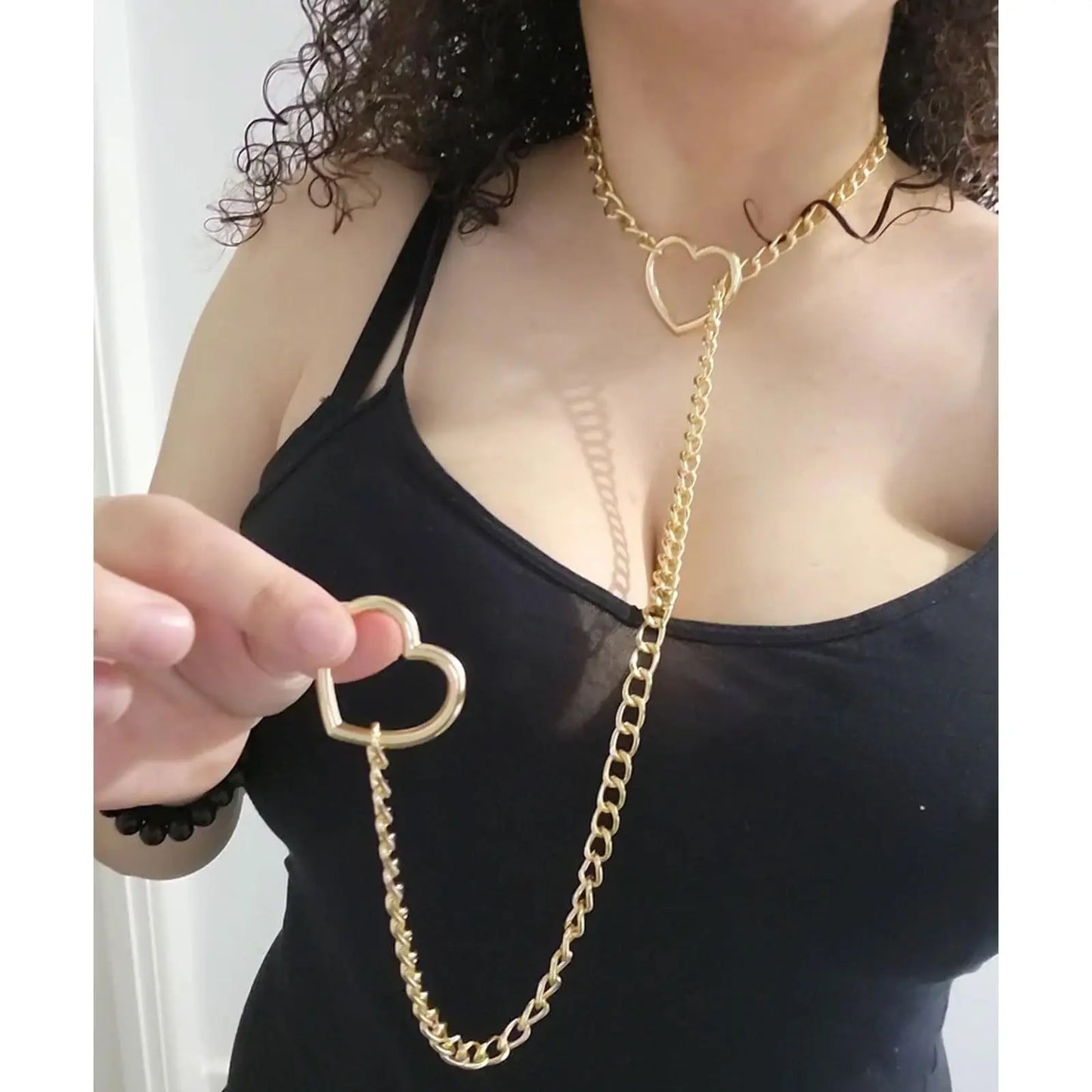 Slip Chain Necklace Heart O-Ring Punk Rock Cuban Long Necklace Jewelry Adjustable Lariat Y-Necklace Heart Locker with Key Neckla