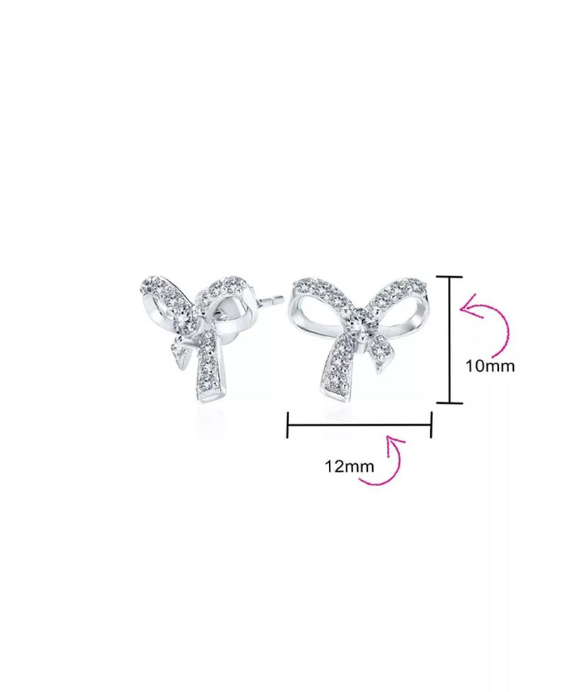 Delicate Dainty Ribbon Birthday Present Pave CZ Small Bow Stud Earrings for Women Teens .925 Sterling Silver