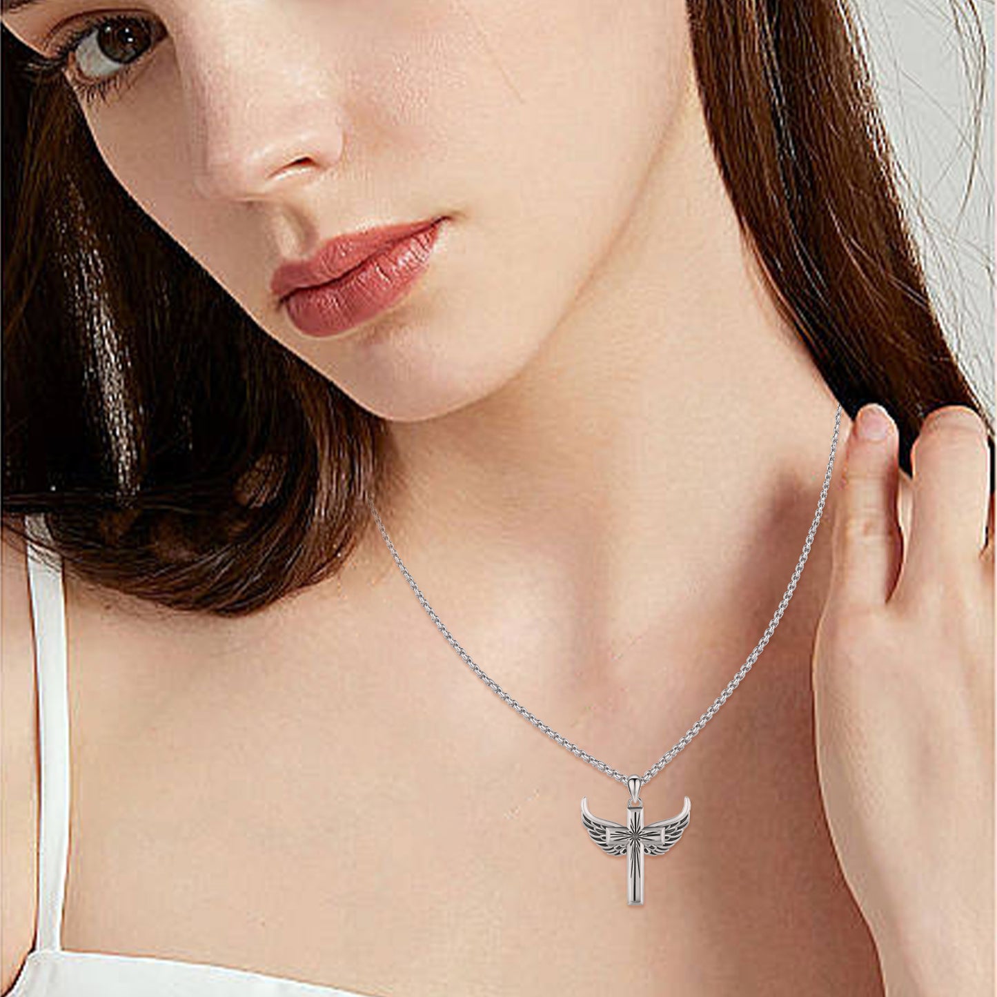 Cross Necklace 925 Sterling Silver Angel Wings Pendant Necklaces Christian Jewelry Birthday Gift for Men Women Boys Daughter Mom Son